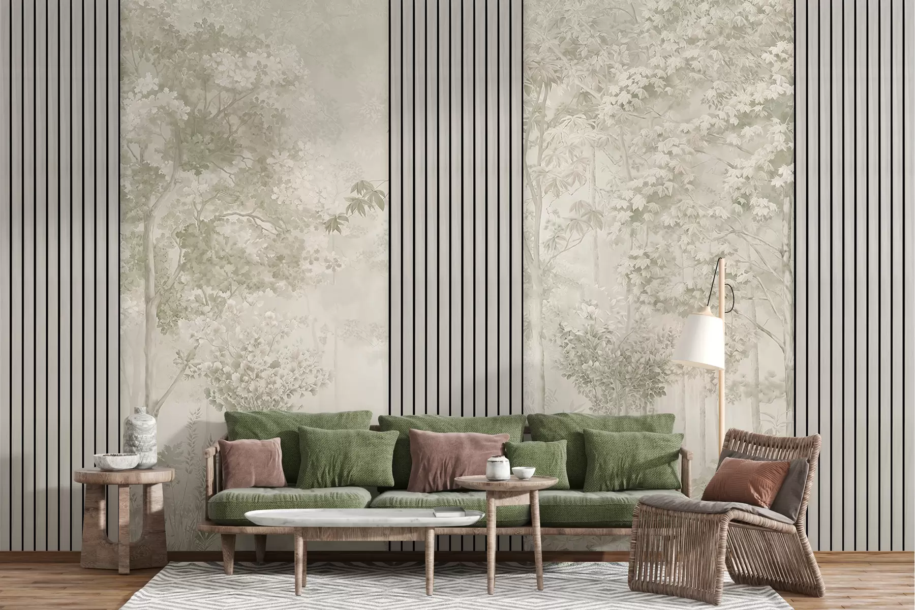 carta da parati Pannelli in legno e delicata foresta nei toni del verde nr. w00670v2