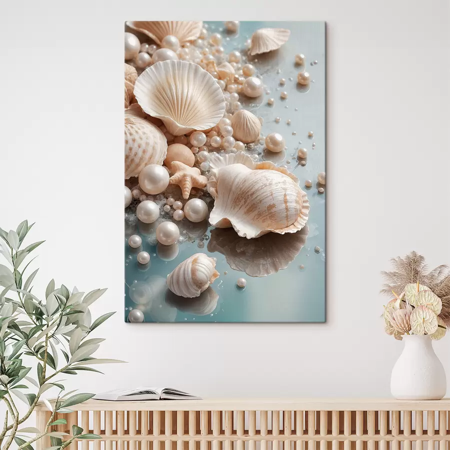 carta da parati Conchiglie e perle assortite su sfondo azzurro nr. s38769