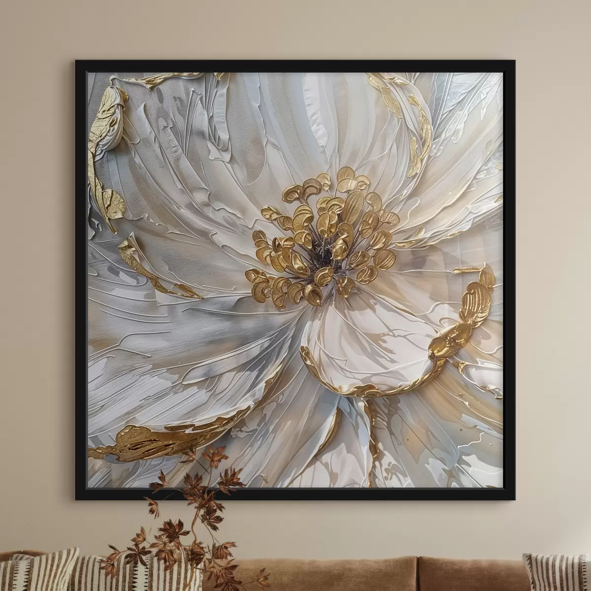 Poster Primo piano di un grande fiore bianco con stami gialli all'interno, decorazione artistica dipinta ad olio f38755