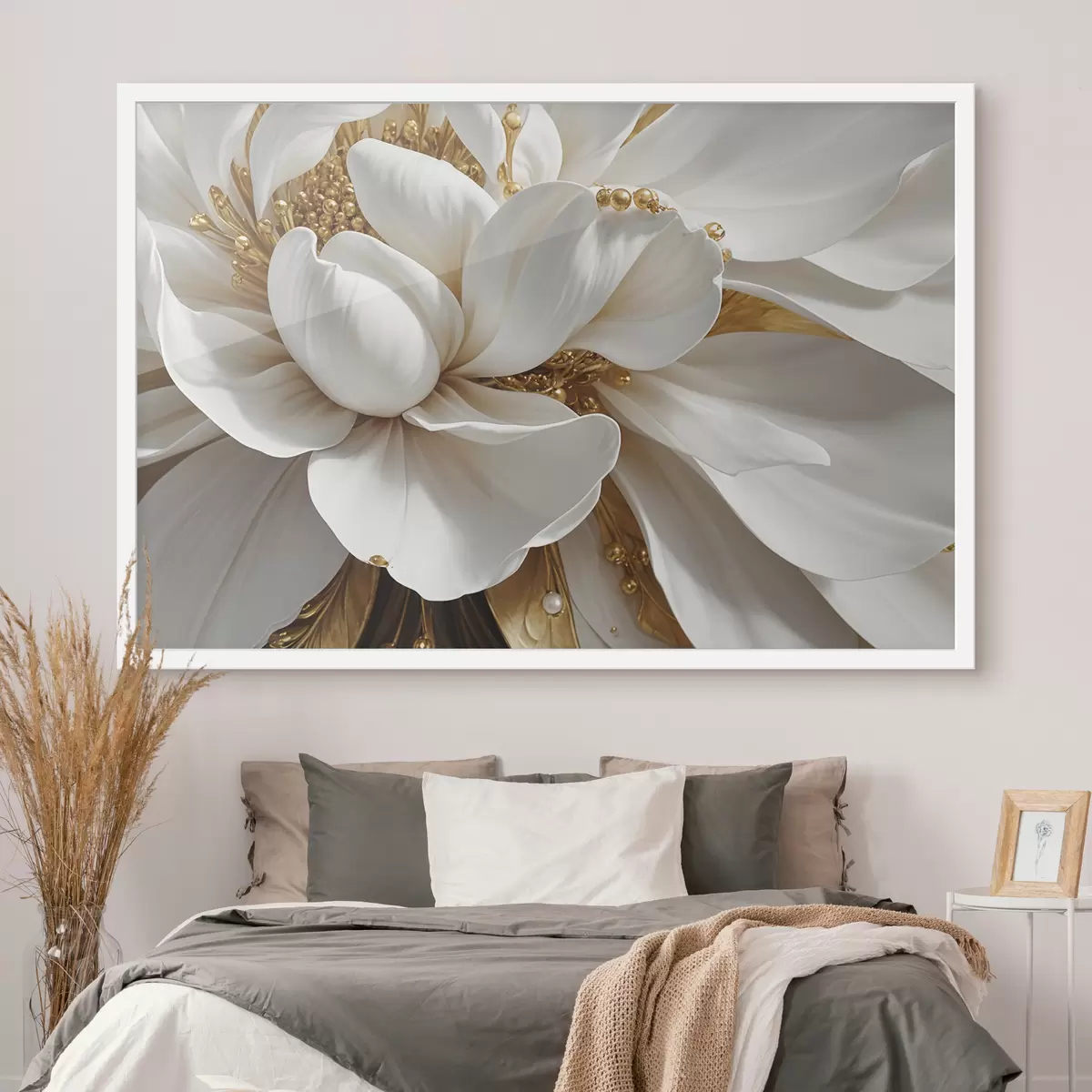 Poster Un primo piano di un grande fiore bianco con petali delicati e stami al centro del minimalismo f38762