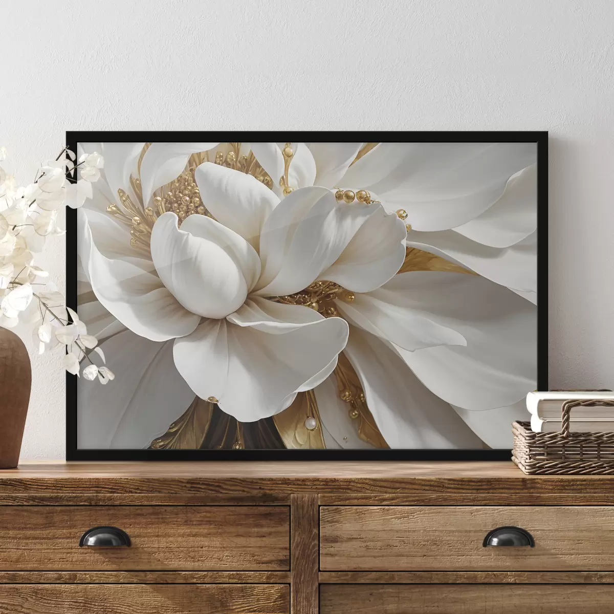 Poster Un primo piano di un grande fiore bianco con petali delicati e stami al centro del minimalismo f38762