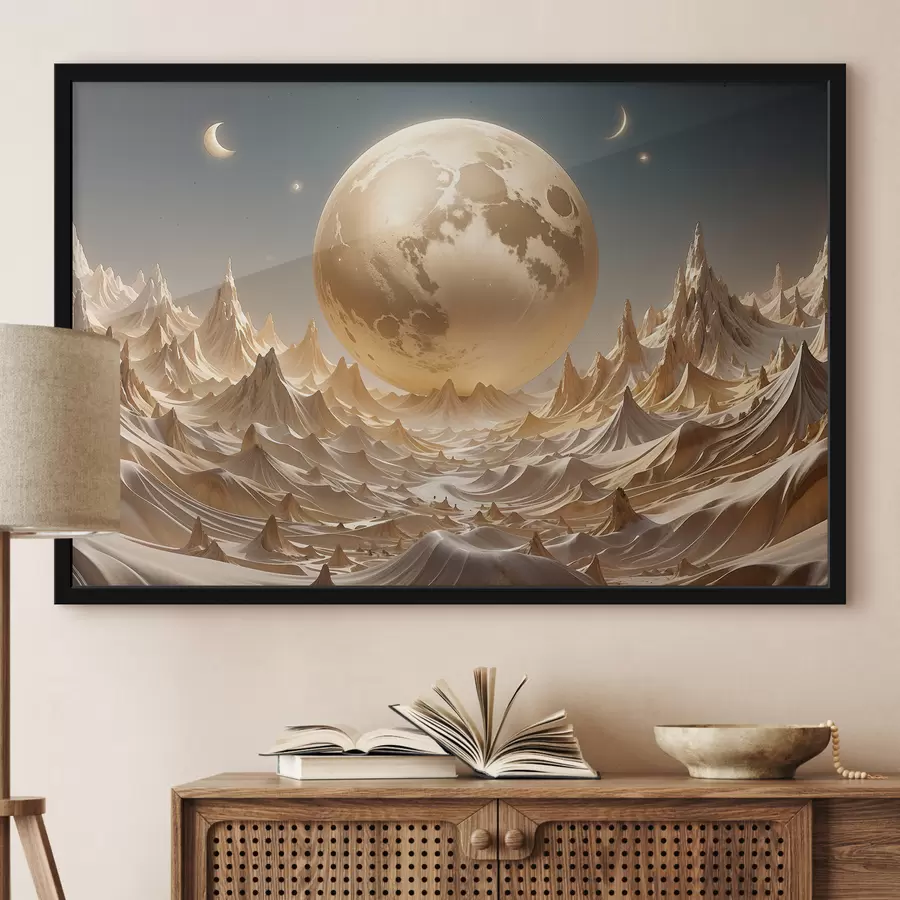 carta da parati Luna piena splendente su un paesaggio surreale e montuoso con cime nr. f38775