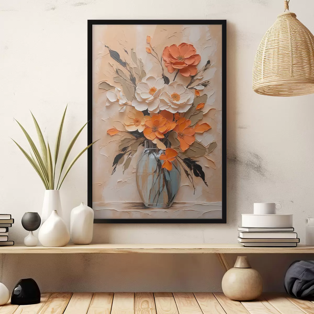 Poster Fiori in vaso in olio su fondo beige f38673