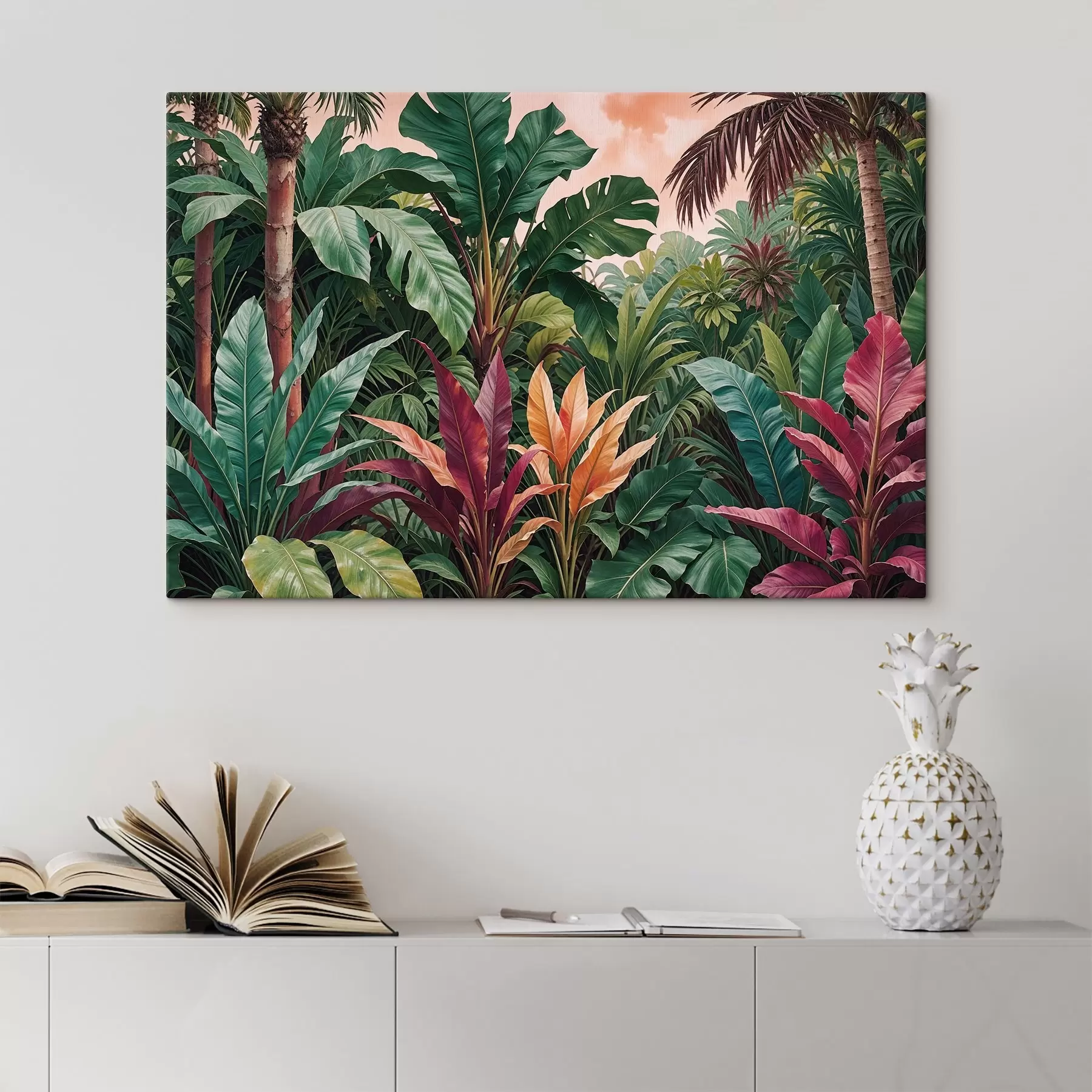 carta da parati Una lussureggiante giungla tropicale con foglie verdi vivaci, fronde di palma e fiori colorati nr. s38817