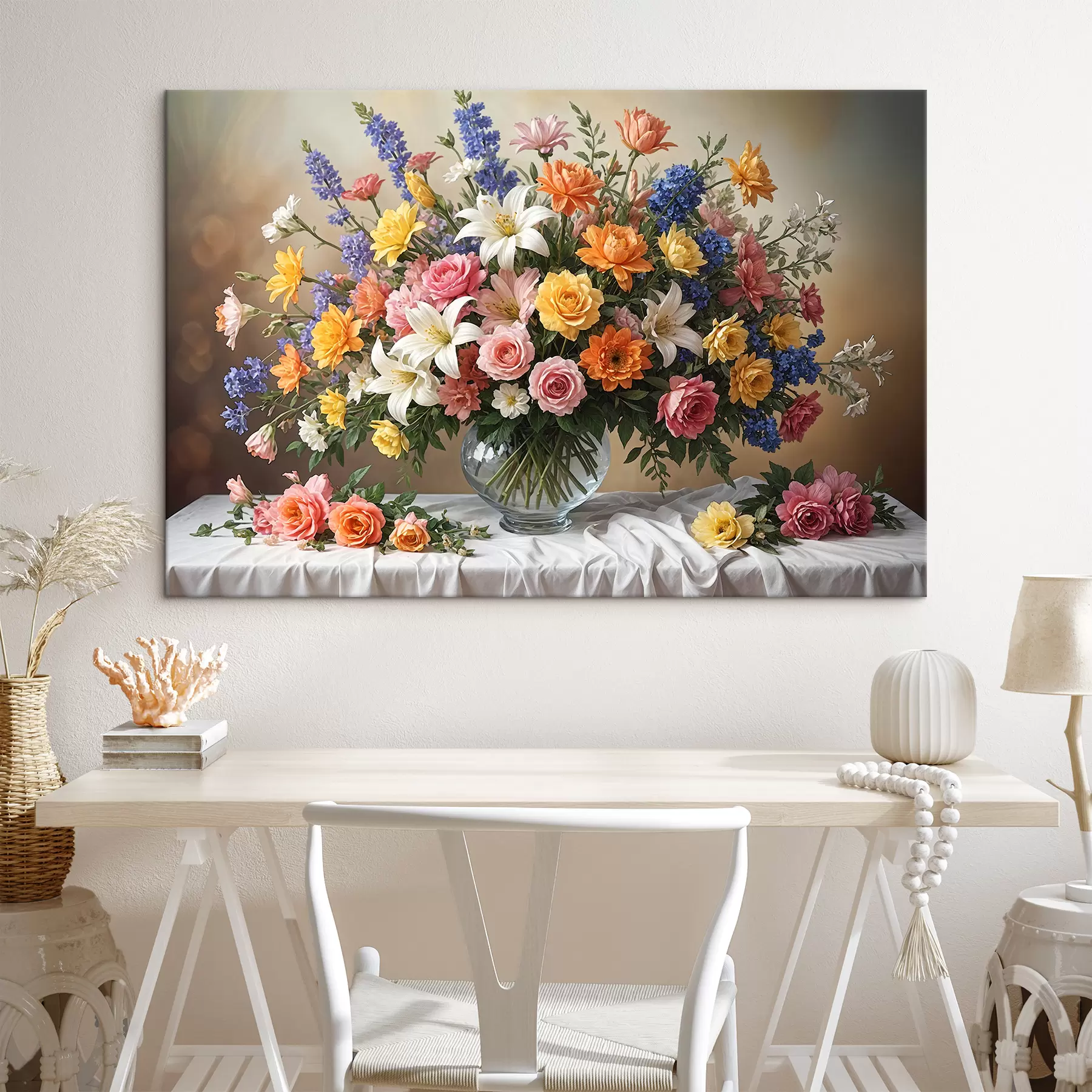carta da parati Un vivace bouquet di vari fiori colorati in un vaso di vetro su una tovaglia bianca dipinta d'arte vintage nr. s38825