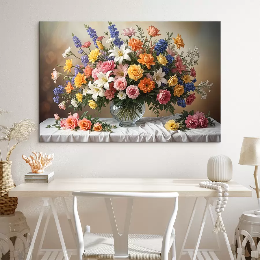 carta da parati Un vivace bouquet di vari fiori colorati in un vaso di vetro su una tovaglia bianca dipinta d'arte vintage nr. s38825