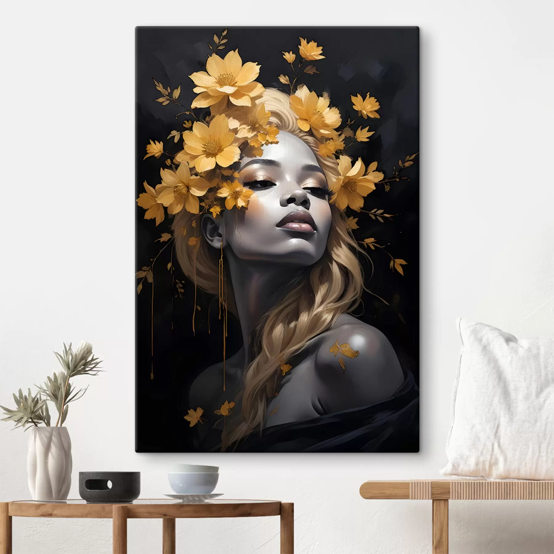 carta da parati Un ritratto di giovane donna circondata da foglie autunnali giallo su uno sfondo scuro nr. s38834