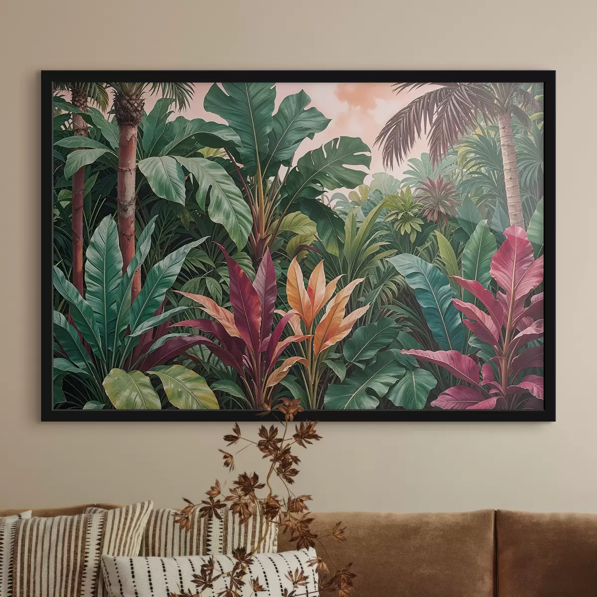 Poster Una lussureggiante giungla tropicale con foglie verdi vivaci, fronde di palma e fiori colorati f38817