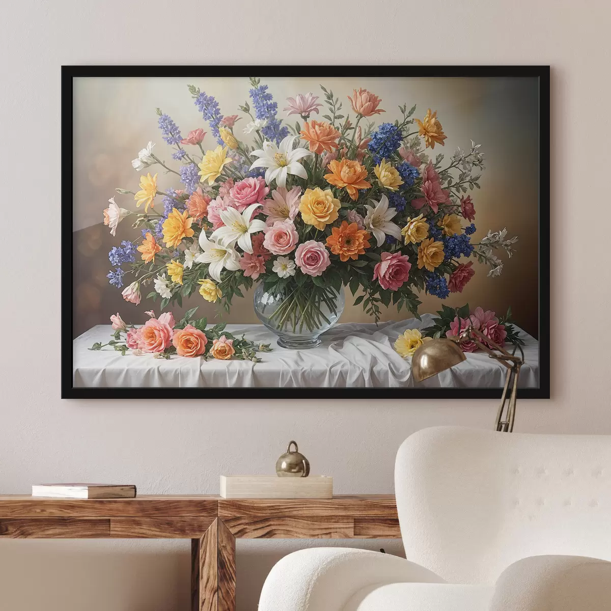 Poster Un vivace bouquet di vari fiori colorati in un vaso di vetro su una tovaglia bianca dipinta d'arte vintage f38825