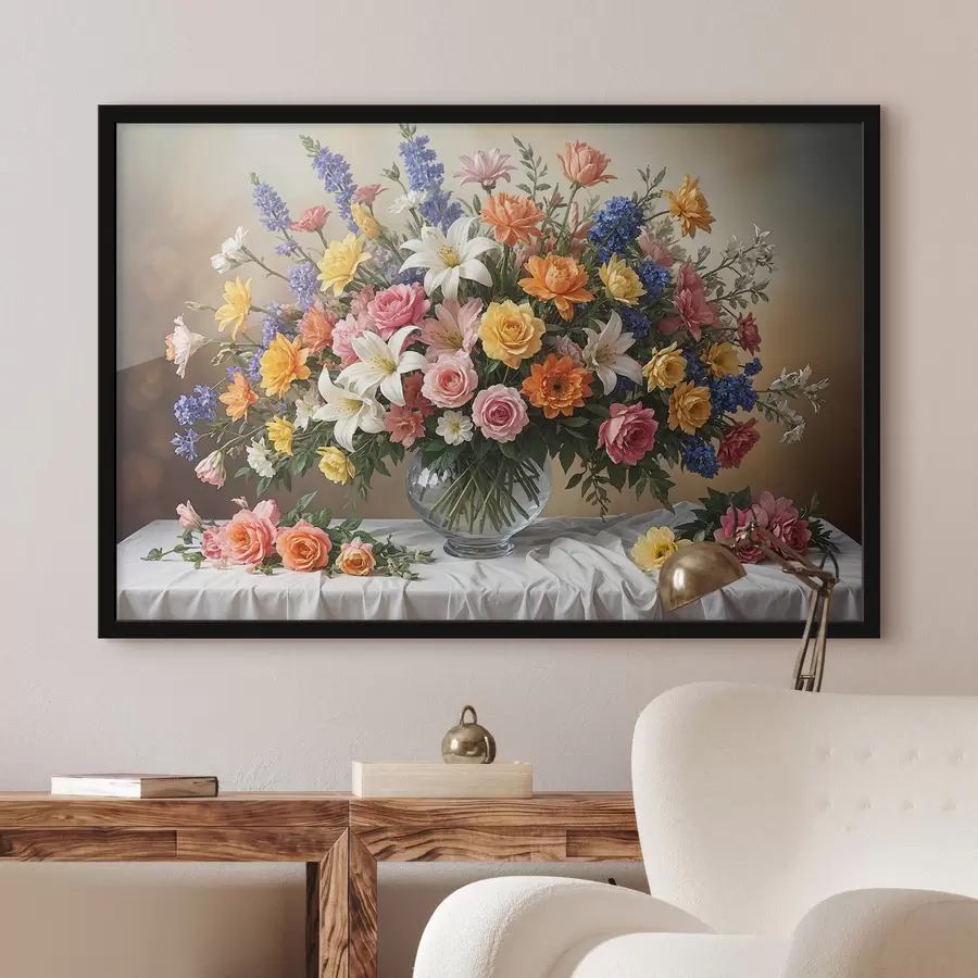 carta da parati Un vivace bouquet di vari fiori colorati in un vaso di vetro su una tovaglia bianca dipinta d'arte vintage nr. f38825