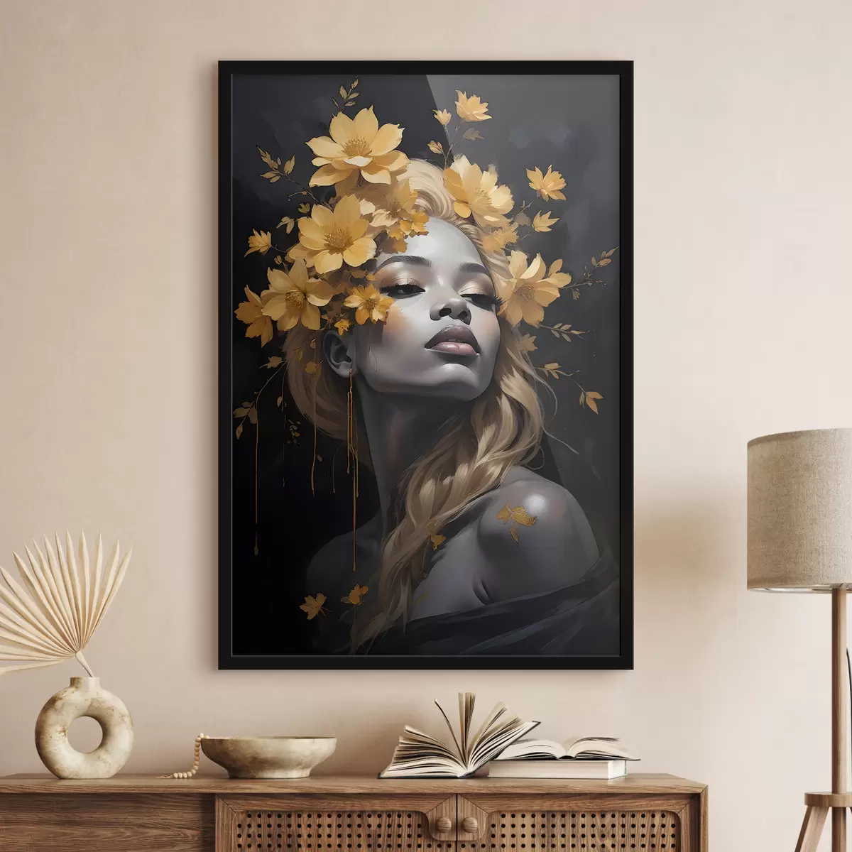 Poster Un ritratto di giovane donna circondata da foglie autunnali giallo su uno sfondo scuro f38834