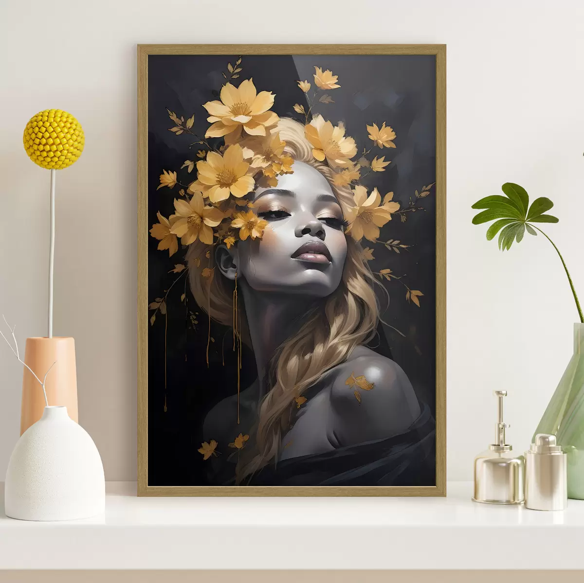 Poster Un ritratto di giovane donna circondata da foglie autunnali giallo su uno sfondo scuro f38834