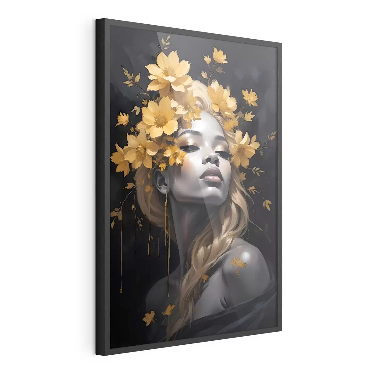 Poster Un ritratto di giovane donna circondata da foglie autunnali giallo su uno sfondo scuro f38834