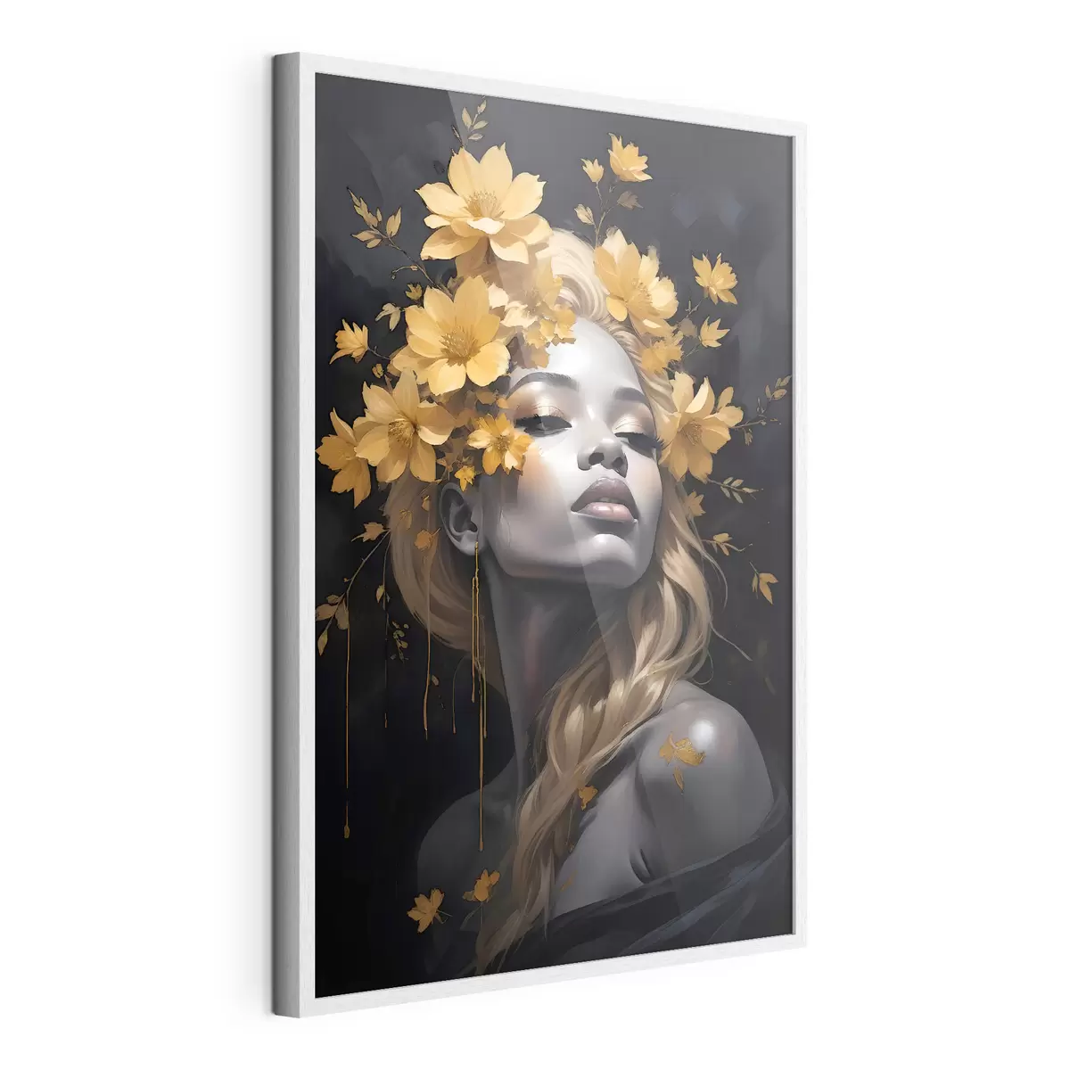 Poster Un ritratto di giovane donna circondata da foglie autunnali giallo su uno sfondo scuro f38834