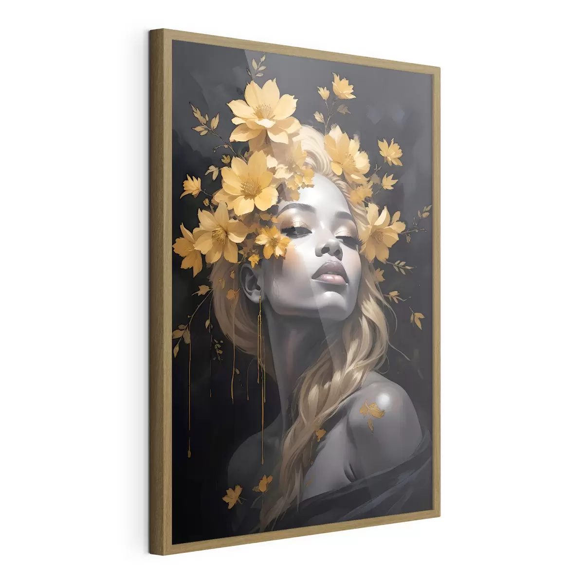 Poster Un ritratto di giovane donna circondata da foglie autunnali giallo su uno sfondo scuro f38834