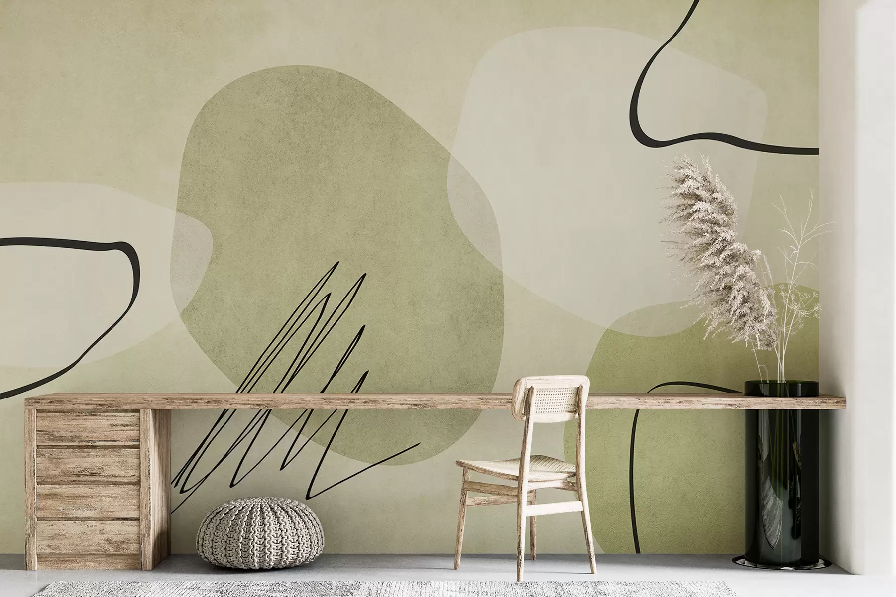 Carta da parati Moderno Astrazione boho, spot, geometrica, linee, strutturate, sfumature di verde n. w00815v1