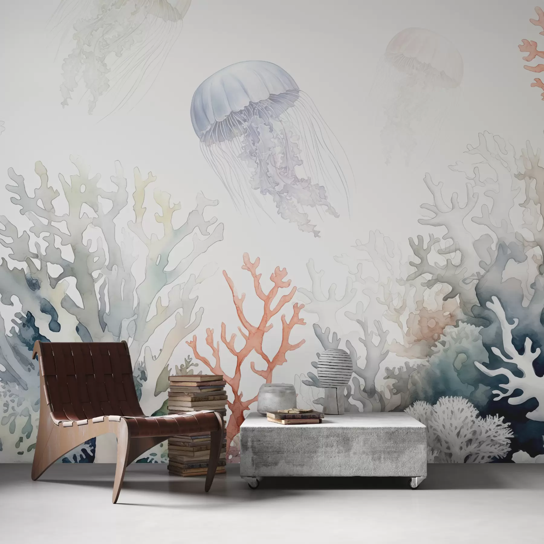 Carta da parati Mare Coralli marini, meduse nuotano, acquerello, grigio, blu, rosso