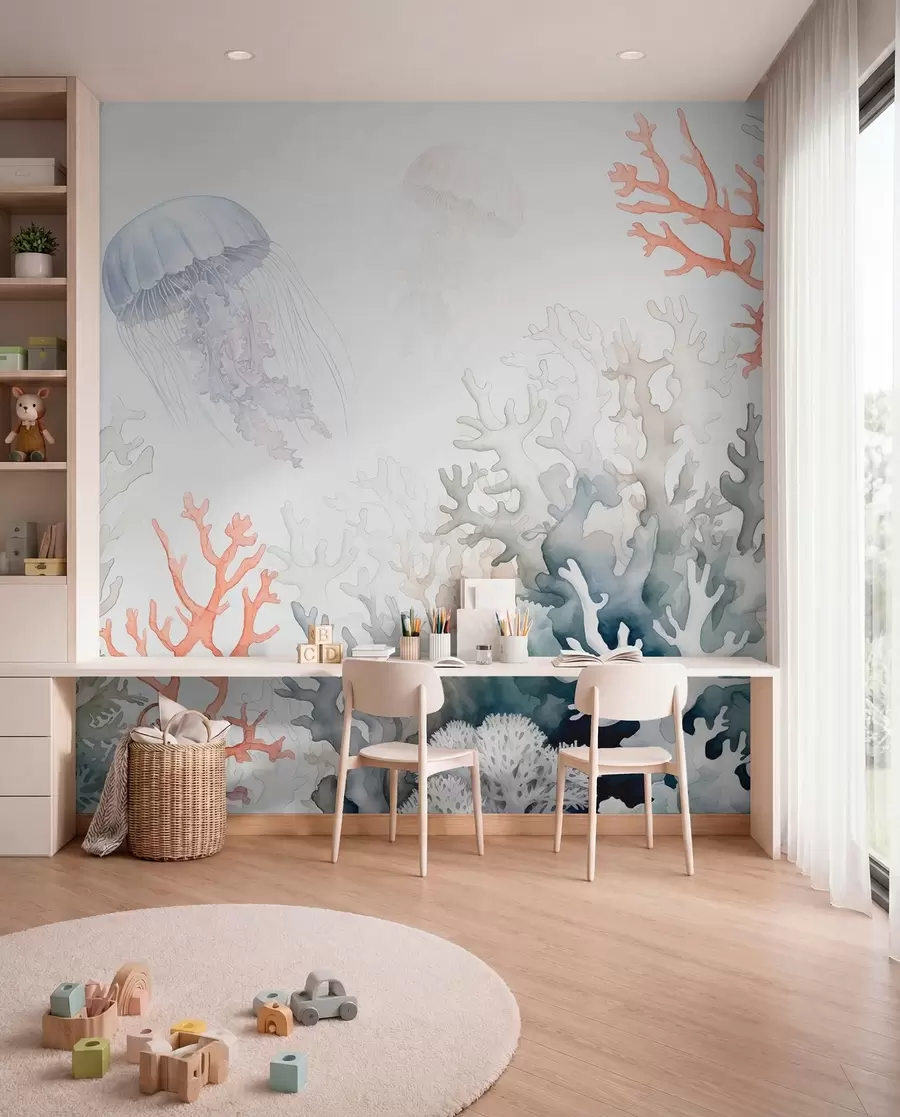 Carta da parati Mare Coralli marini, meduse nuotano, acquerello, grigio, blu, rosso
