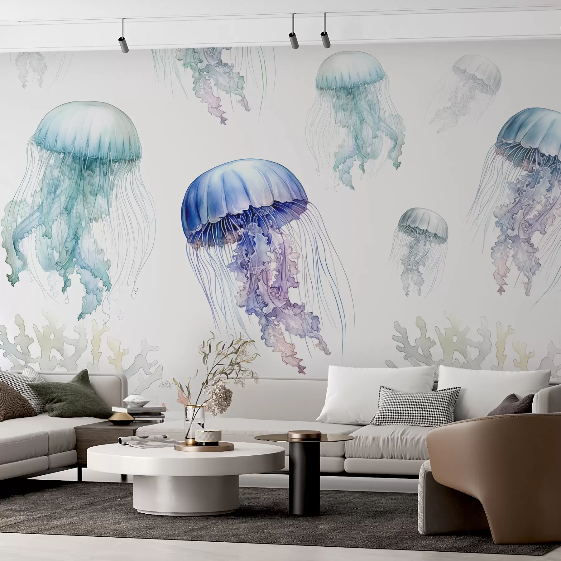 carta da parati Meduse di mare, acquerello, grigio, blu, rosso nr. w00820