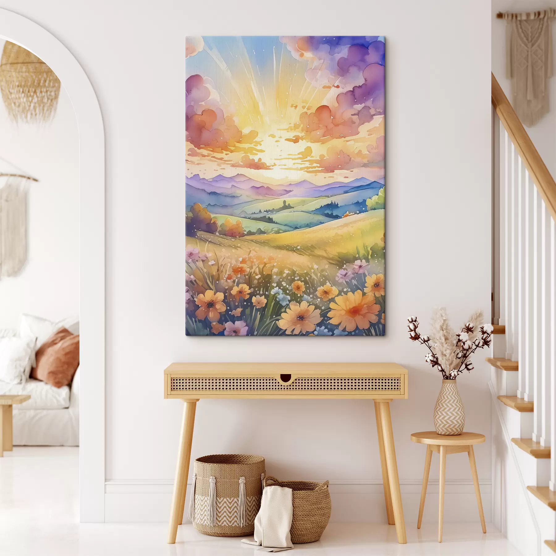 carta da parati Prato estivo, cielo colorato con nuvole, alberi e fiori, paesaggio montano  nr. s38844