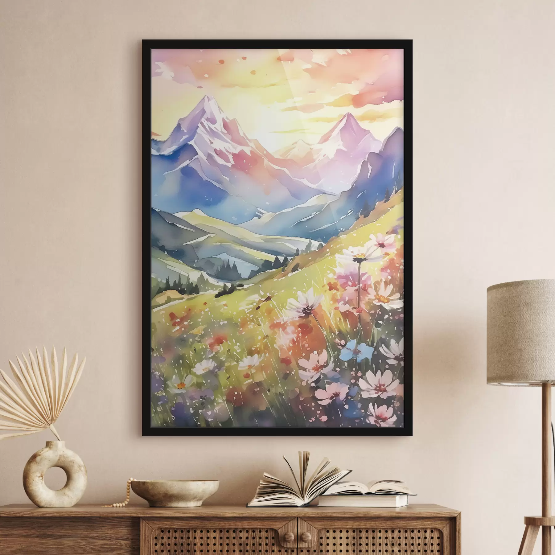 carta da parati Montagne estive, tramonti colorati, fiori, acquerelli, paesaggi naturali nr. f38840