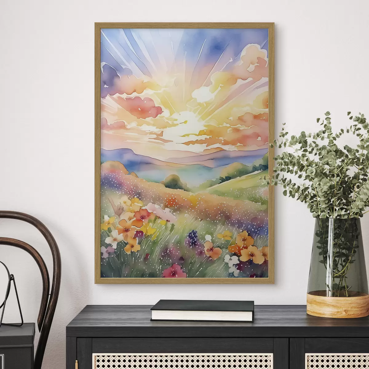 Poster Tramonto nel campo estivo, fiori, sole, cielo colorato, nuvole, natura f38842