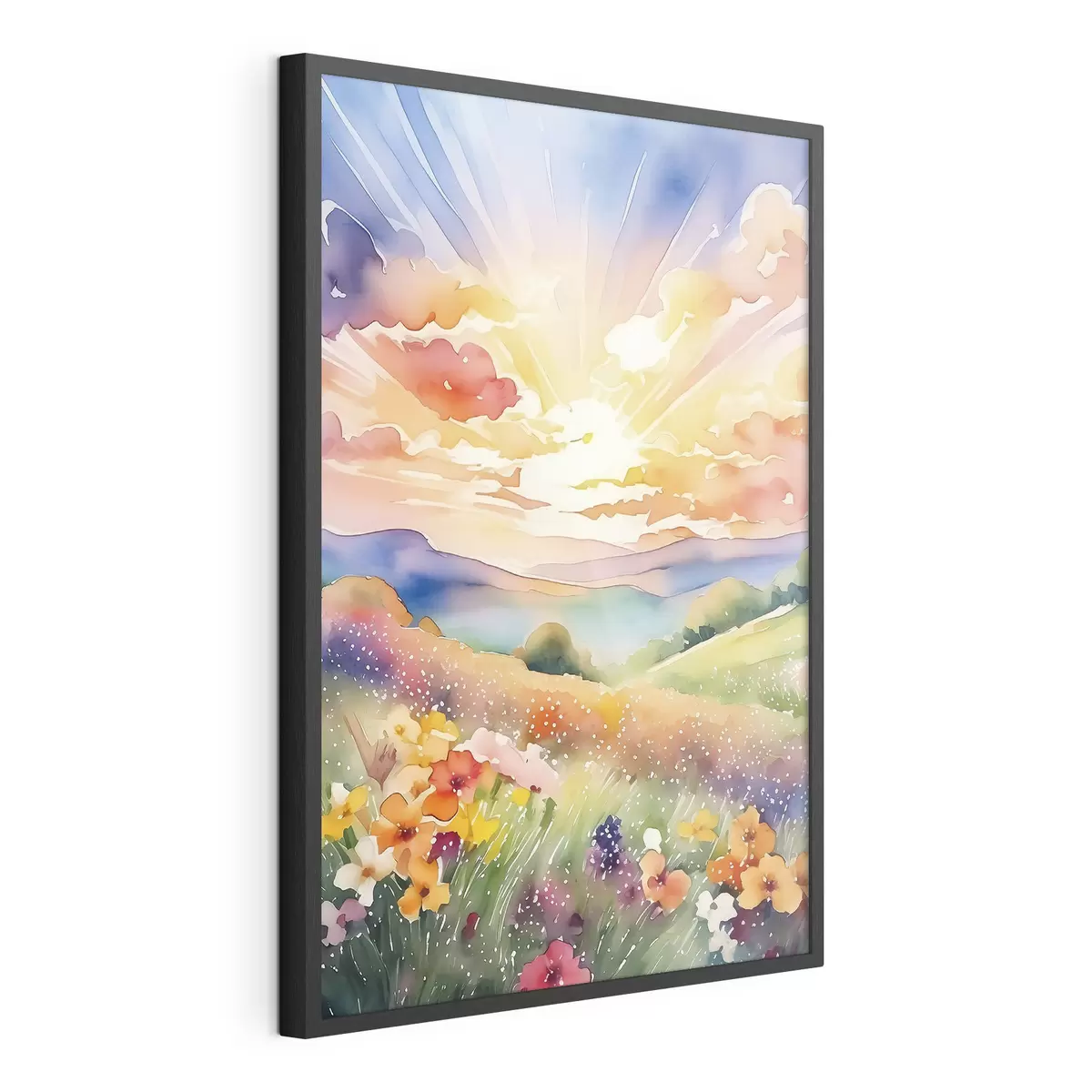 Poster Tramonto nel campo estivo, fiori, sole, cielo colorato, nuvole, natura f38842
