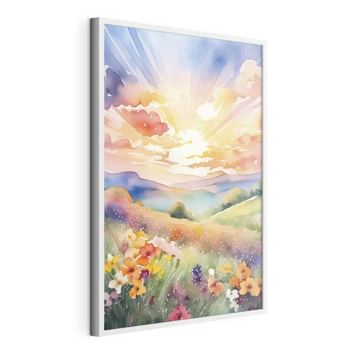Poster Tramonto nel campo estivo, fiori, sole, cielo colorato, nuvole, natura f38842