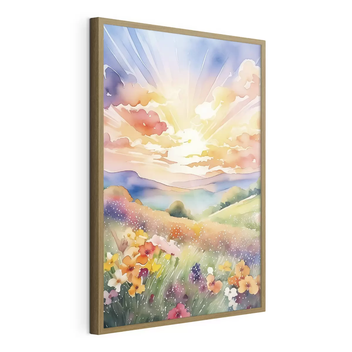 Poster Tramonto nel campo estivo, fiori, sole, cielo colorato, nuvole, natura f38842