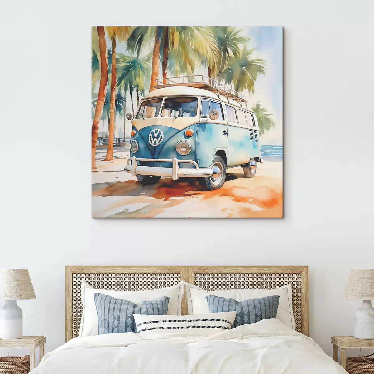 carta da parati Un'auto da viaggio è parcheggiata sulla spiaggia su uno sfondo di palme acquerellate nr. s38911