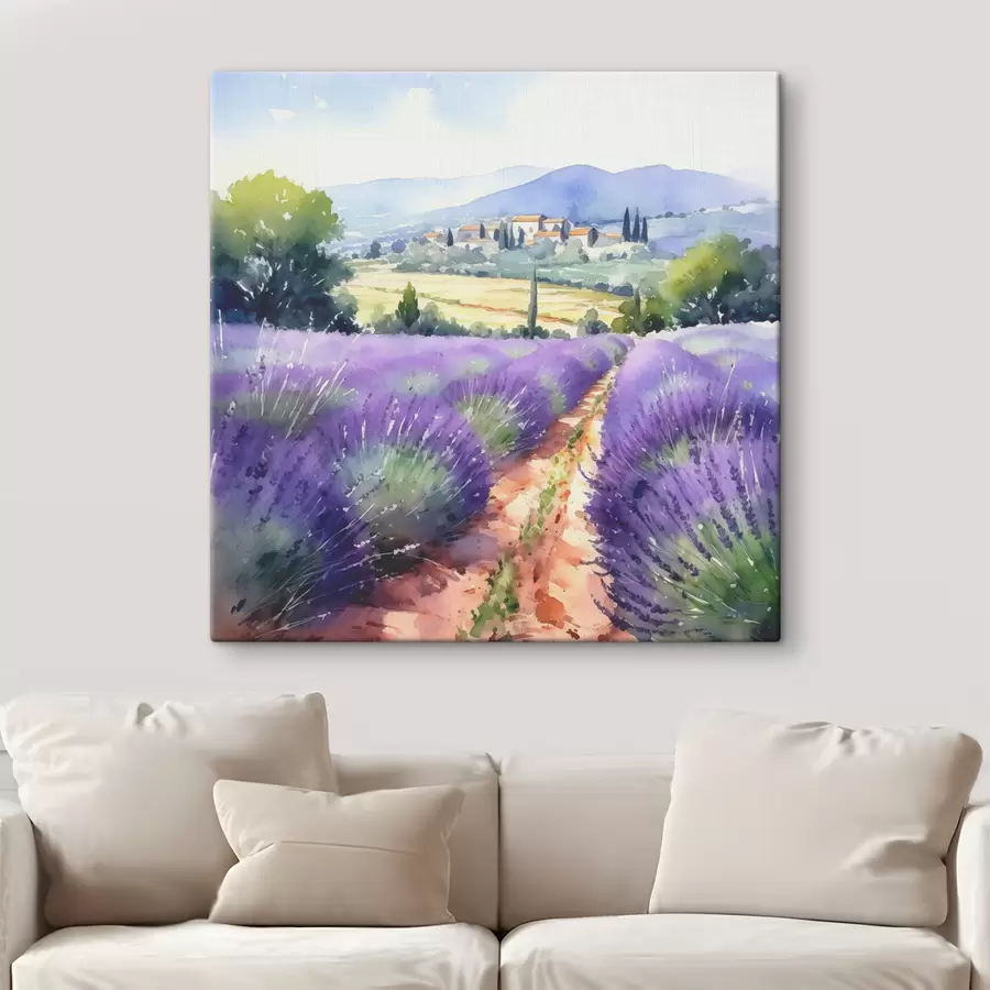 carta da parati Campo di lavanda dell'acquerello su uno sfondo di montagne e campagna nr. s38913