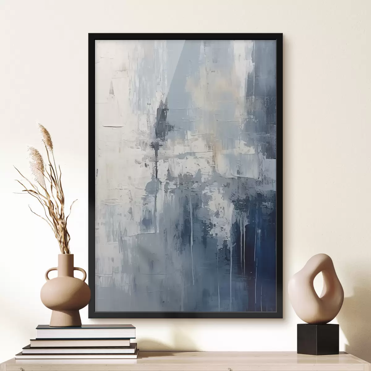 Poster Pittura a olio minimalista astratta, strofinata, geometrica, macchia, colore blu e bianco f38906