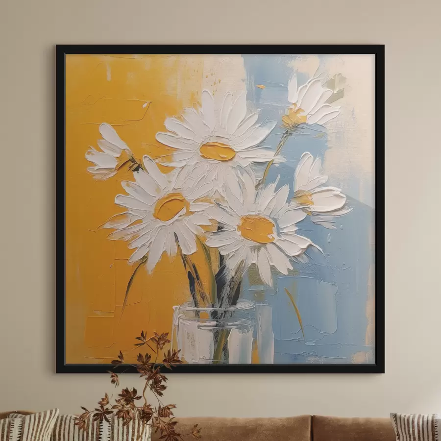 carta da parati Margherite bianche in un vaso di vetro su sfondo blu e giallo, imitazione della pittura a olio, tratti grandi nr. f38907