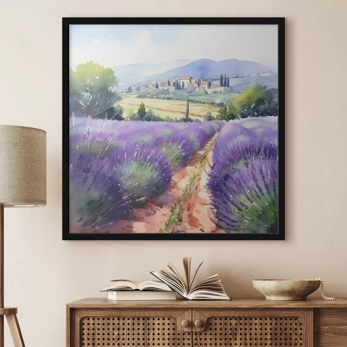 Poster Campo di lavanda acquerellato sullo sfondo di montagne e campagna f38913