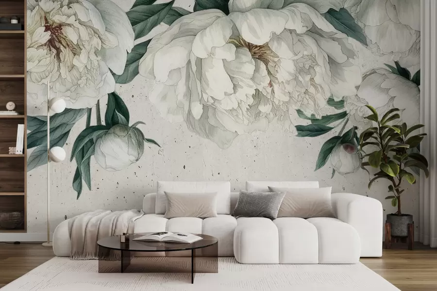 Carta da parati Floreale Peonie bianche grandi con foglie verdi su uno sfondo con texture chiara n. w00837