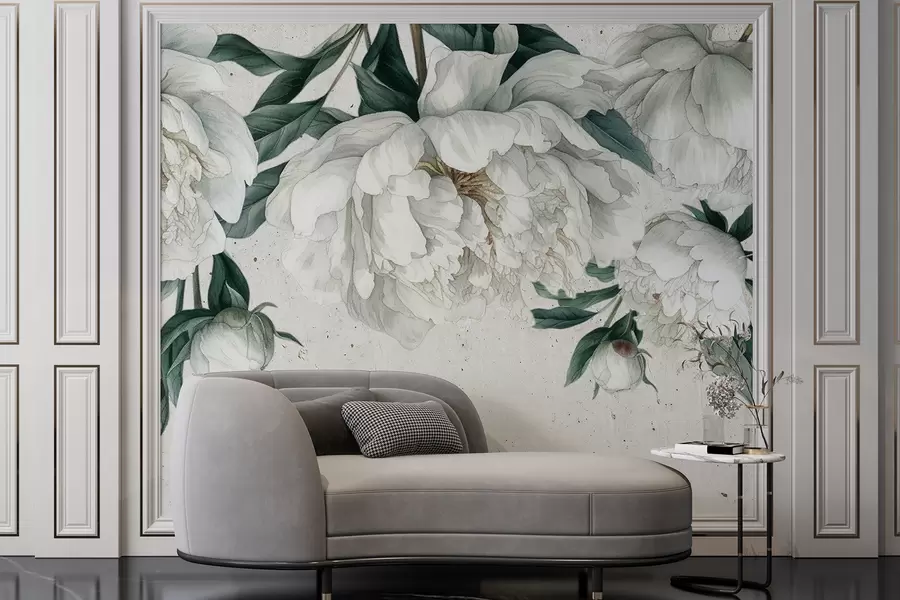 Carta da parati Floreale Peonie bianche grandi con foglie verdi su uno sfondo con texture chiara n. w00837
