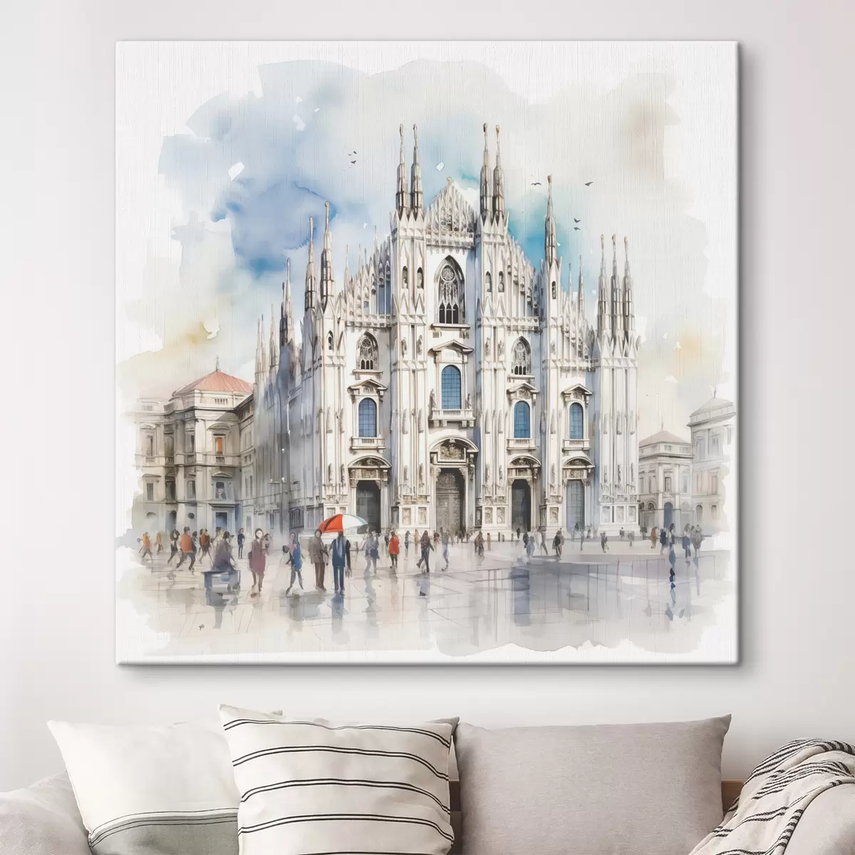 carta da parati Duomo di Milano, architettura, città, pioggia, acquerello, blu, grigio, gente che cammina nr. s38938
