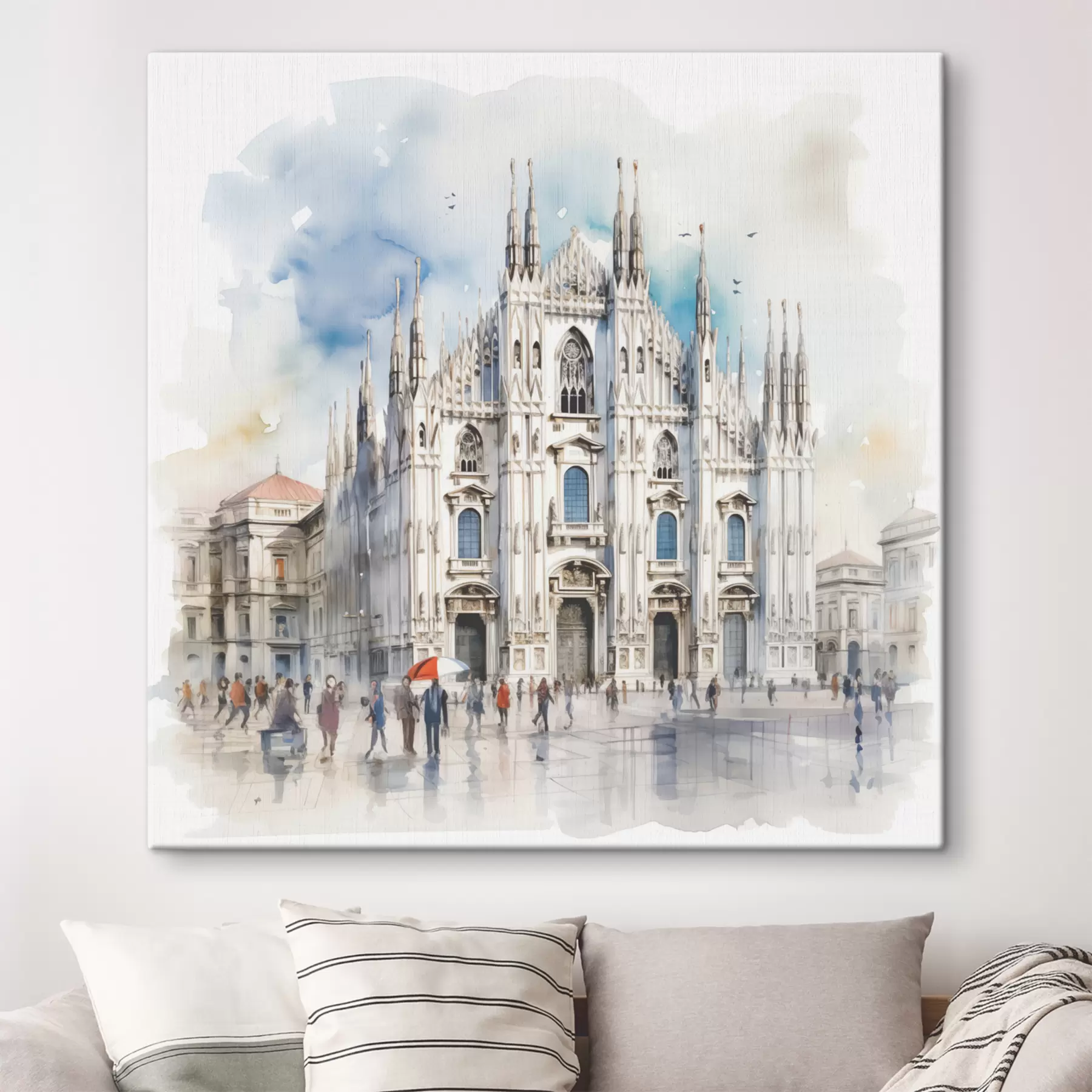 carta da parati Duomo di Milano, architettura, città, pioggia, acquerello, blu, grigio, gente che cammina nr. s38938