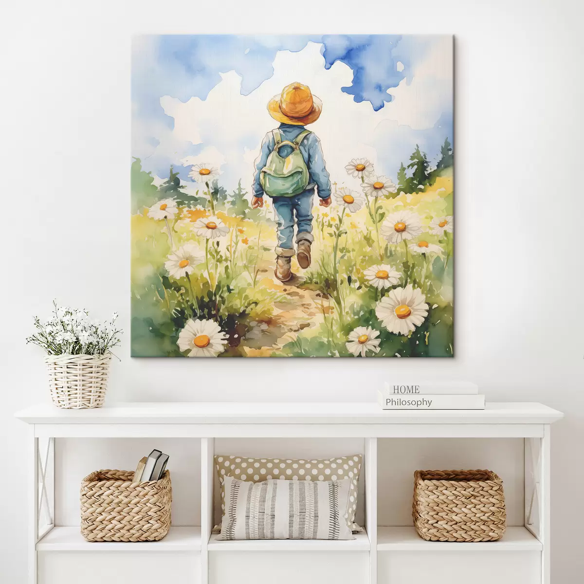 carta da parati Un ragazzo con un cappello da cowboy con uno zaino verde dietro la schiena e un abito blu cammina lungo un sentiero in un campo di camomilla, acquerello nr. s38946