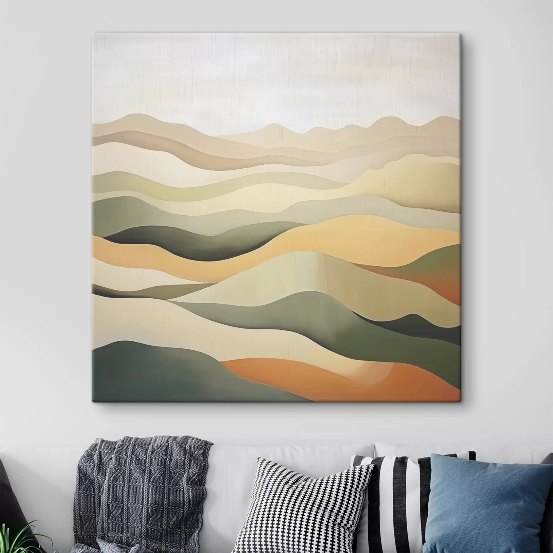 carta da parati Colline, paesaggio astratto, guazzo, verde, ocra, seppia, grigio nr. s38952