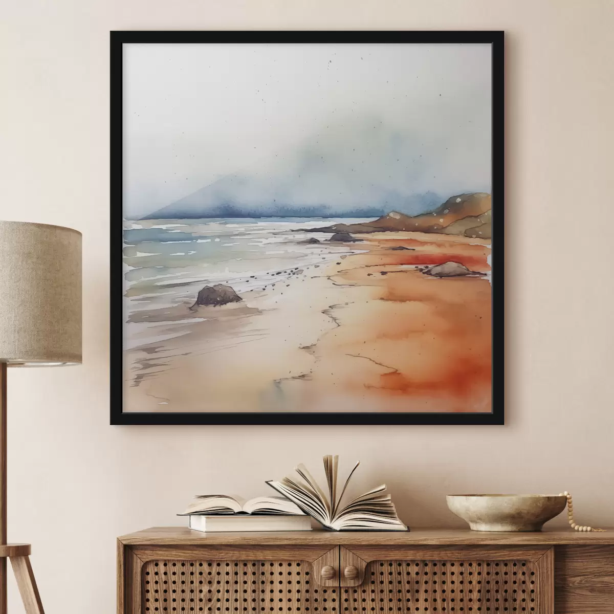 Poster Mare e spiaggia, pioggia, acquerello, macchie, paesaggio, paesaggio, blu, colore arancione f38936