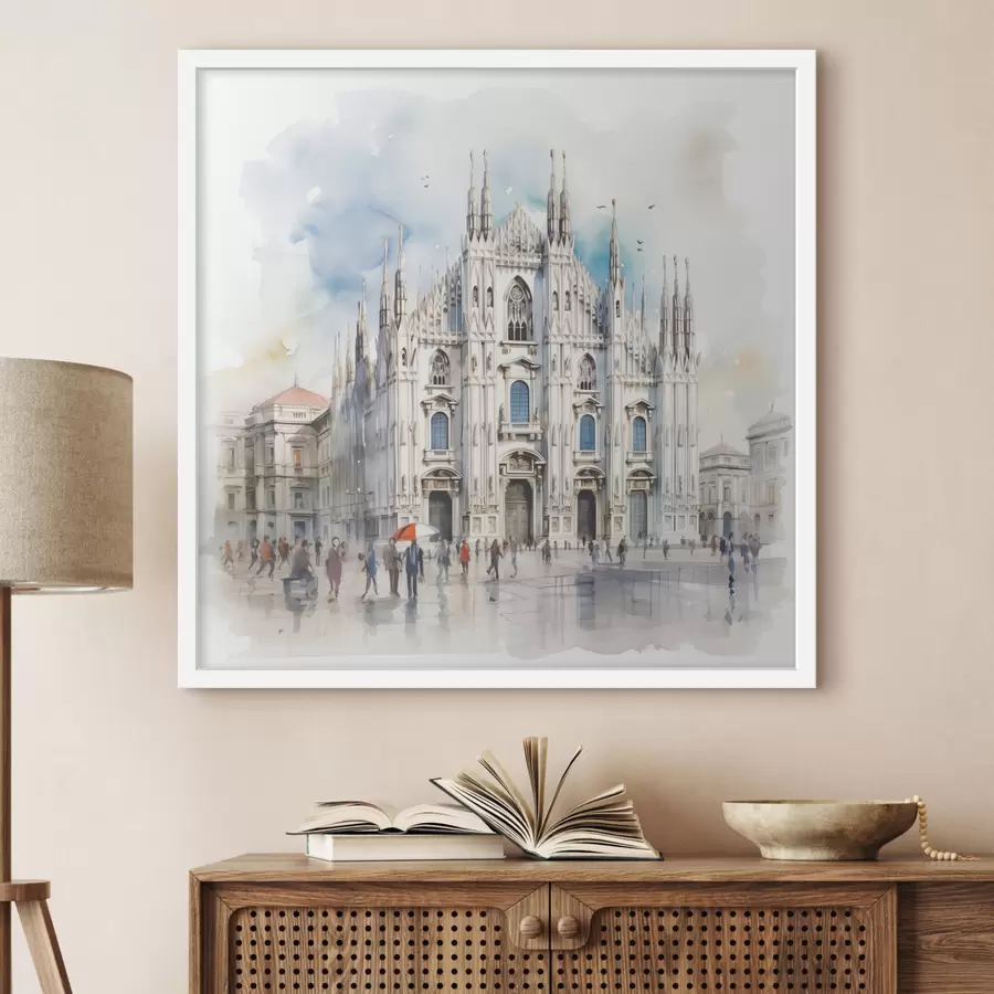 carta da parati Duomo di Milano, architettura, città, pioggia, acquerello, blu, grigio, persone che camminano nr. f38938