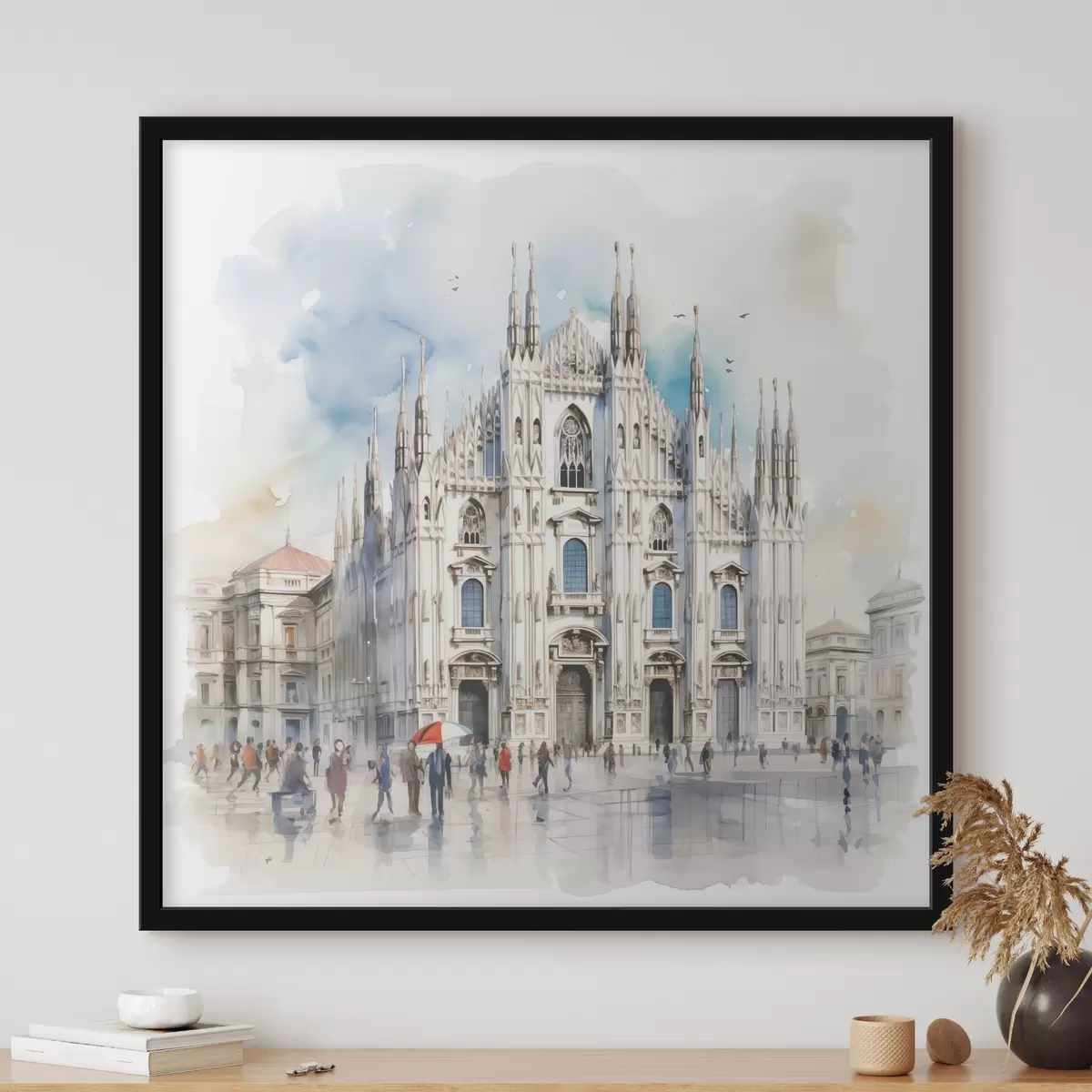 Poster Duomo di Milano, architettura, città, pioggia, acquerello, blu, grigio, persone che camminano f38938