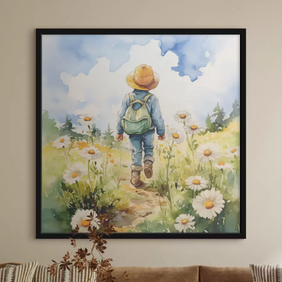 carta da parati Un ragazzo con un cappello da cowboy con uno zaino verde dietro la schiena e un abito blu cammina lungo un sentiero in un campo di camomilla, acquerello nr. f38946