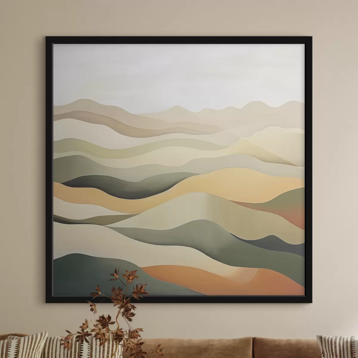 Poster Colline, paesaggio astratto, guazzo, verde, ocra, seppia, grigio f38952