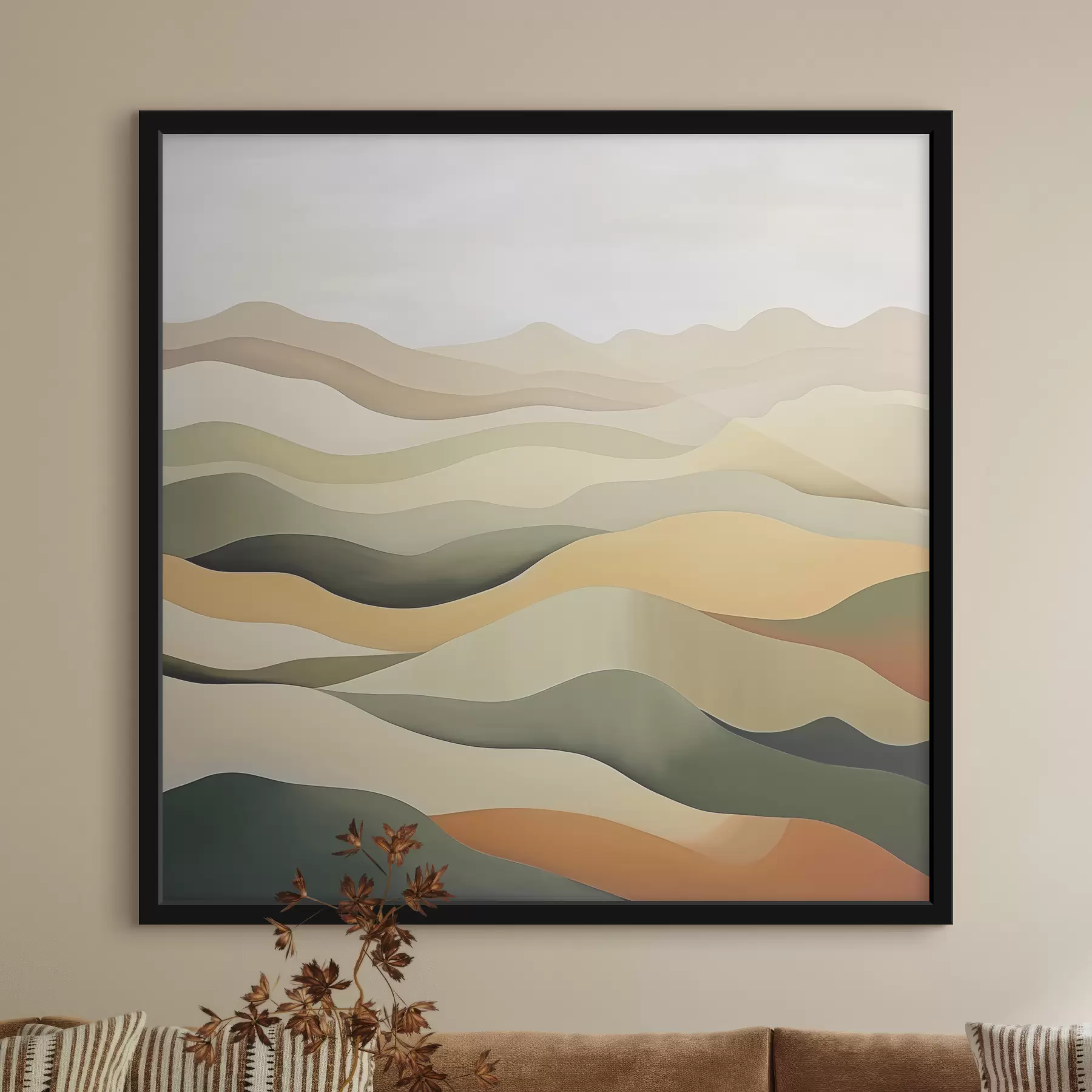 carta da parati Colline, paesaggio astratto, guazzo, verde, ocra, seppia, grigio nr. f38952