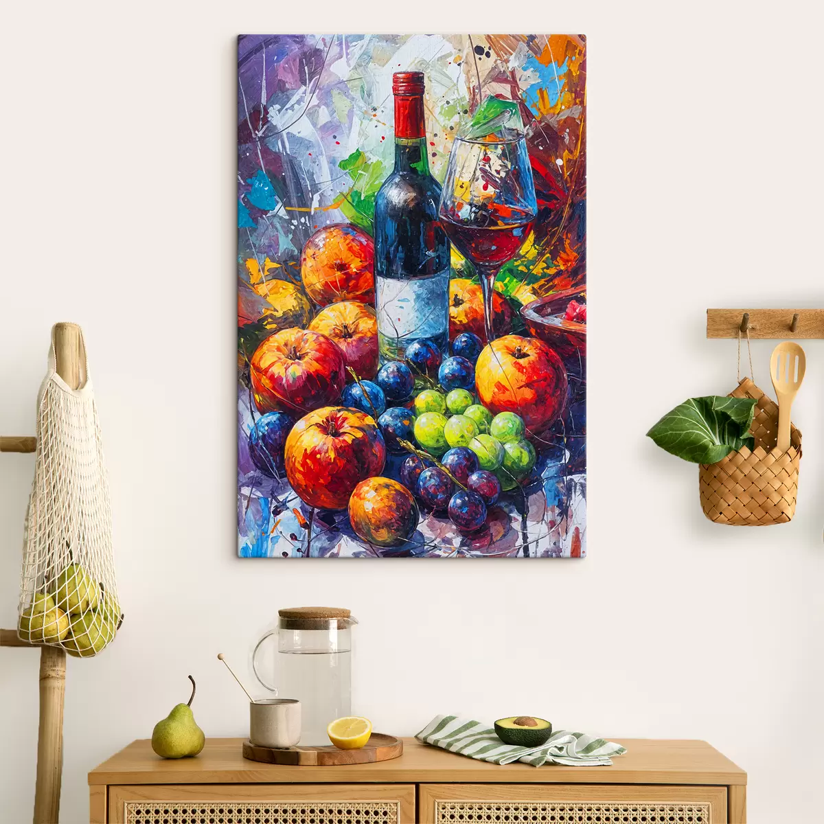 carta da parati Dipinto astratto di natura morta di una bottiglia di vino, un bicchiere di vino e frutti colorati con schizzi di vari colori nr. s38958