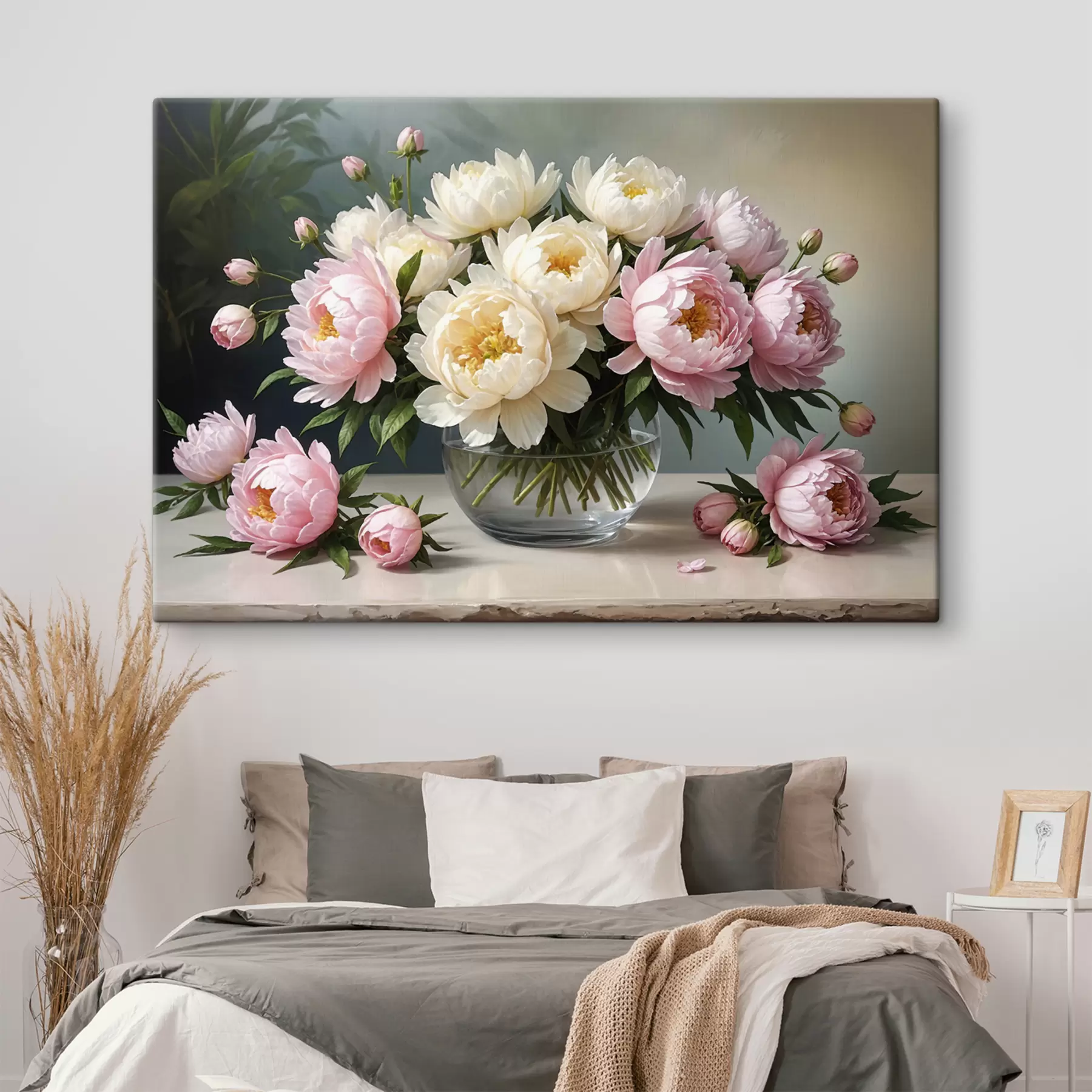 carta da parati Dipinto di un mazzo di bellissime peonie bianche e rosa in un vaso di vetro su un tavolo di legno nr. s38967