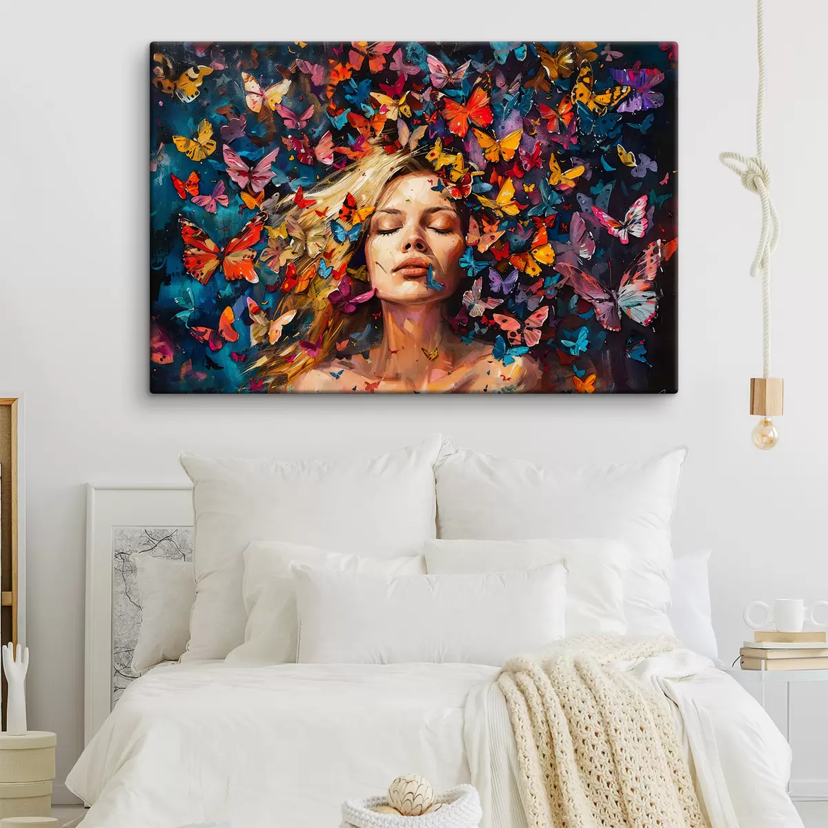 carta da parati Dipinto ad olio raffigurante una giovane donna circondata da uno sciame di farfalle colorate su uno sfondo scuro nr. s38972