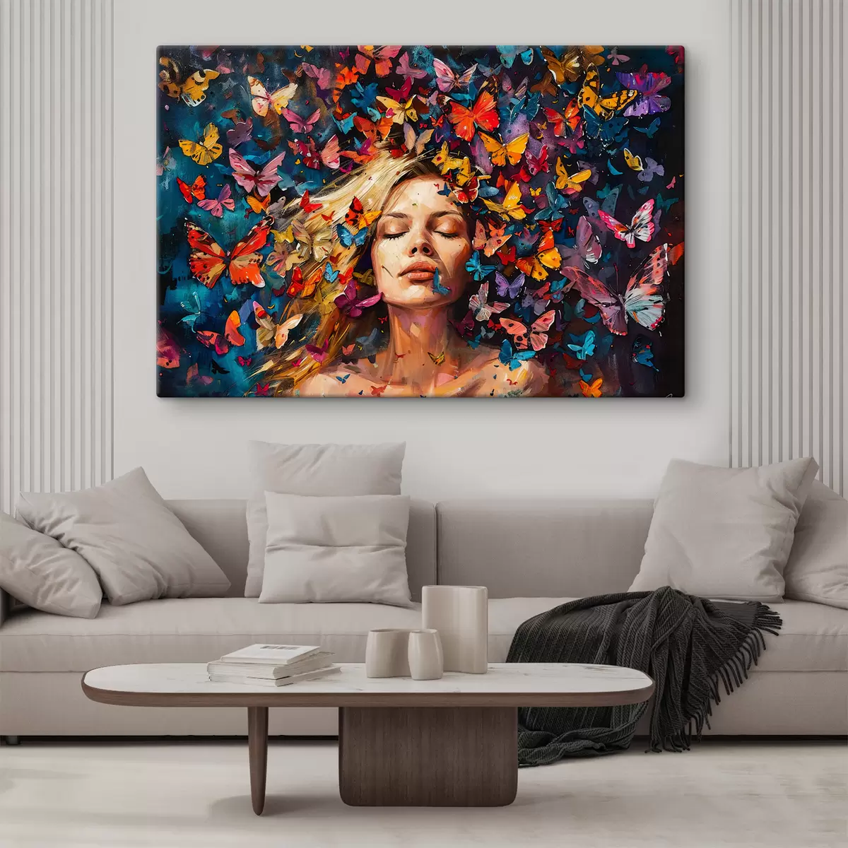 carta da parati Dipinto ad olio raffigurante una giovane donna circondata da uno sciame di farfalle colorate su uno sfondo scuro nr. s38972